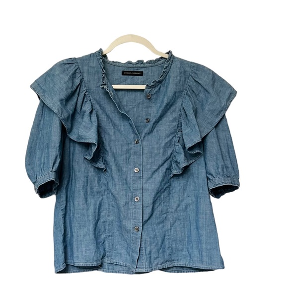 CITIZENS OF HUMANITY Jolene Ruffle Button Down Chambray Top Shirt Blouse - Picture 5 of 9